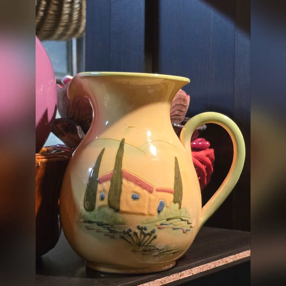Charming Vintage French Handmade Yellow Ceramic Pitcher with Scenic Design